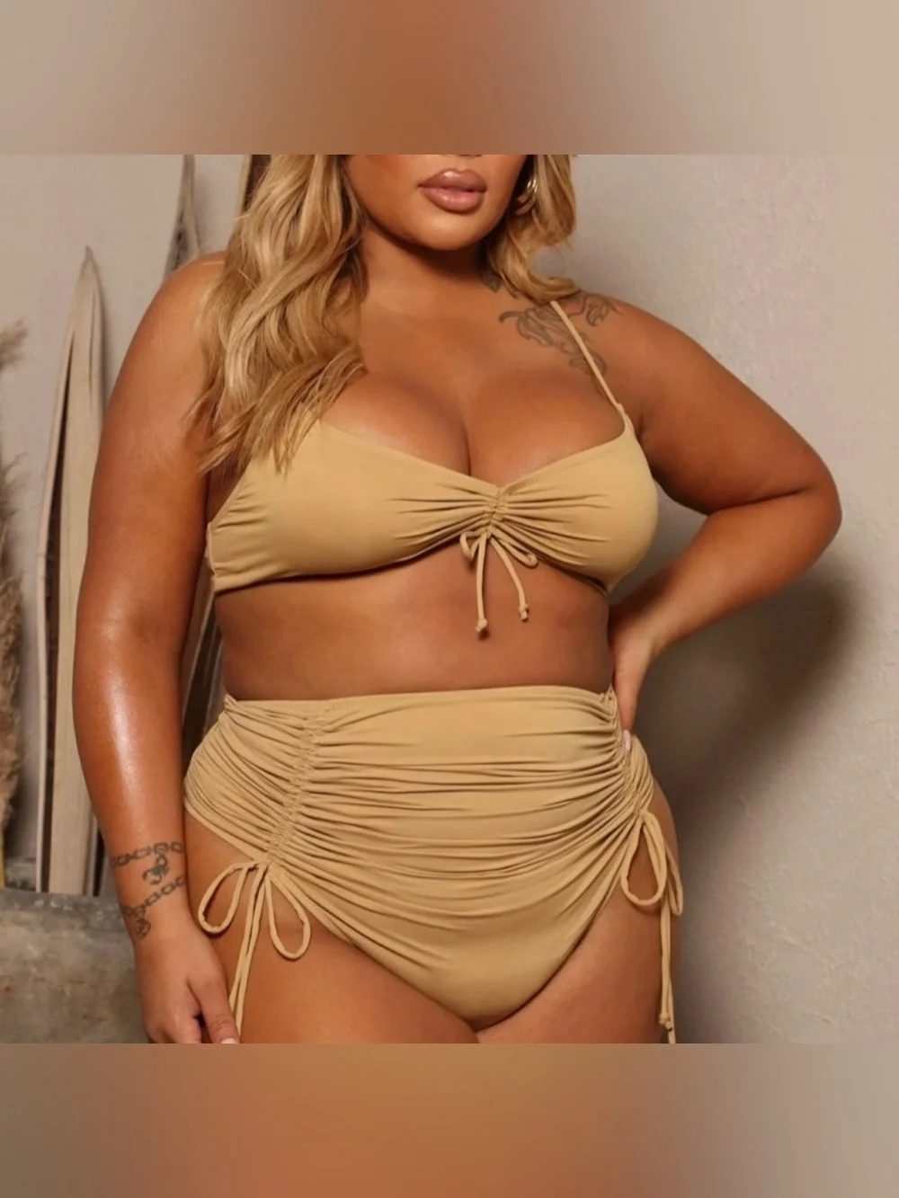 Fashion Nova Tan Ruched 2-Piece Bikini Set